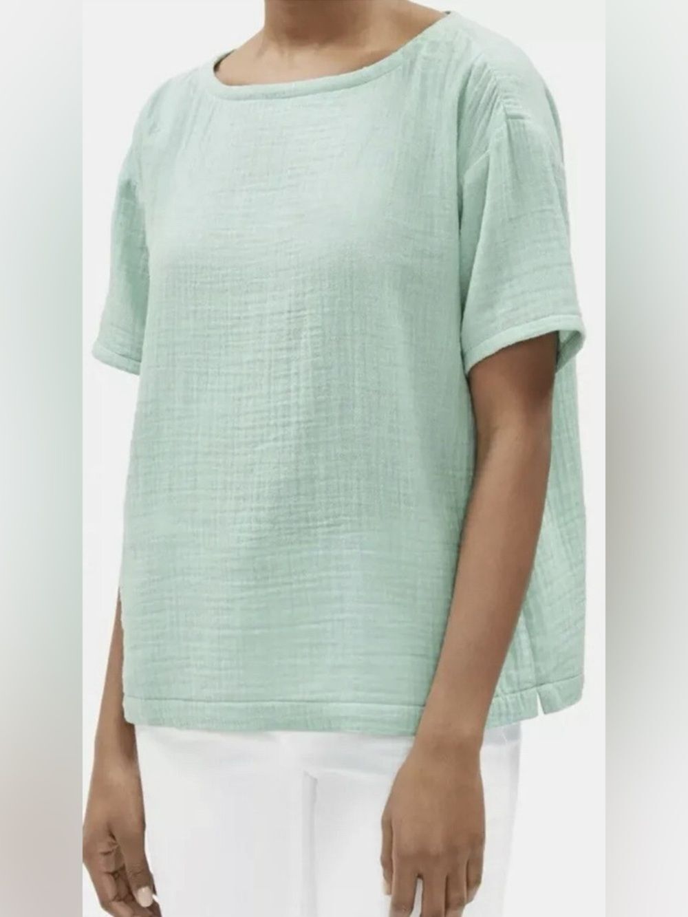 Eileen Fisher Organic Cotton Light Aqua Mint Short Sleeve Top Relaxed Fit Casual
